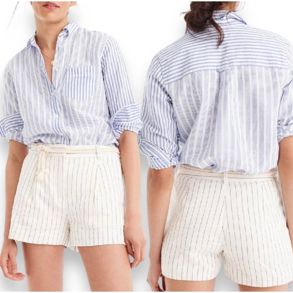 J. Crew Relaxed Linen Blend Boy Button Down Shirt in Mixed Stripe Size 12